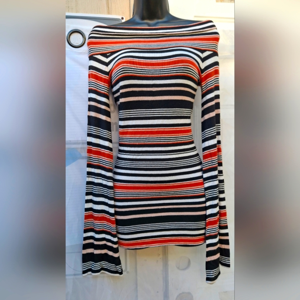 Striped Off-Shoulder Sweater With Cool Bell Sleeve